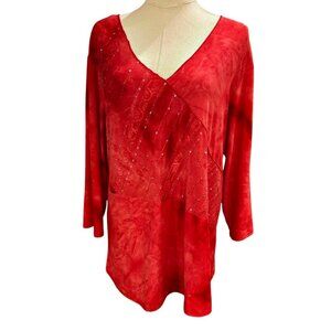 Only Nine Woman Knit Top Blouse Sz 2X Orange Sequins Stretch Pullover 3/4 Sleeve